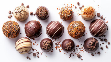 an array of decadent chocolate truffles, dessert element, high-angle photography, rich tones,...