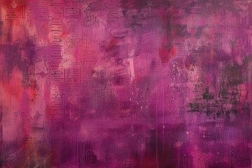 city with tall buildings and pink sky, blend of rich pink and purple colors with faintly hinted script-like symbols subtly scattered across the space