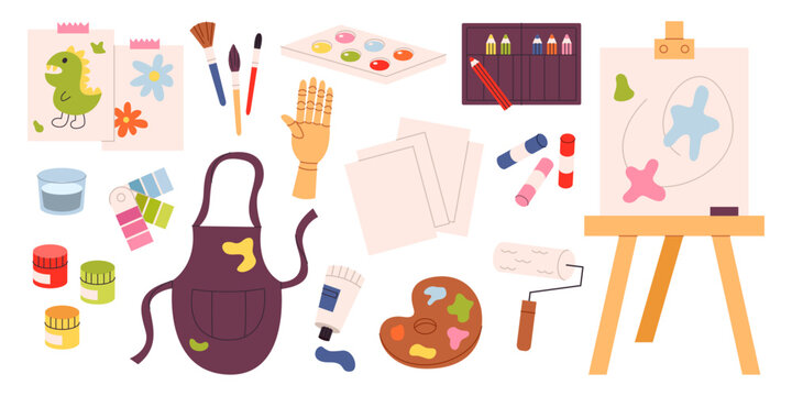 Set of painting tools, art supplies for drawing. Art class studio Painters equipment, stationery. Paint tubes, crayons , brushes, canvas, pencil, watercolor, palette. Wooden hand mannequin. Flat