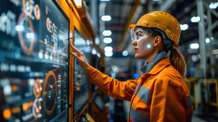 Machinery efficiency, augmented reality controls, high-tech factory, modern industrial environment