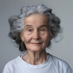 Close-up image of old smiling woman with grey hair and grey eyes, wearing white t-shirt. Woman standing isolated on grey background