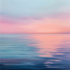 A serene sunset over tranquil lake waters with pastel clouds reflecting on calm water and a soft pink sky, evoking natural beauty.