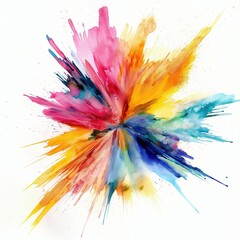 Colorful explosion of vibrant watercolor paint splashes in pink, blue, yellow, green, orange, and purple on white.