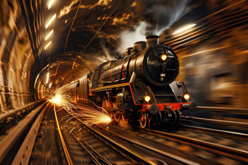 A train speeds through a tunnel wheels sparking with power