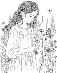 A cute white girl with long hair walks through a field and picks flowers. Black and white doodle coloring book page for adult and children.	