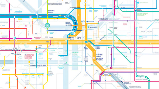 Detailed public transportation system map with route lines, stops, and landmarks in minimalistic style.
