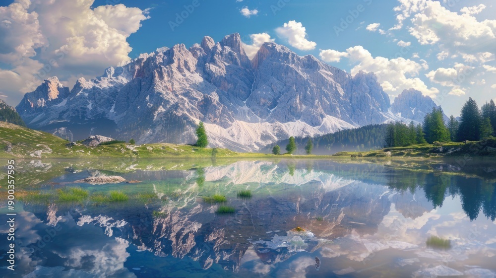 Aufkleber a serene landscape featuring a mountain range and a lake in the foreground, great for use in travel 