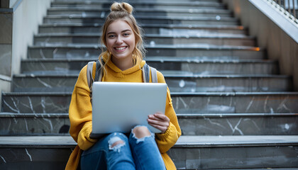 Full body length photo of young cheerful smiling student woman sitting stairs learning management bachelor program using laptop outdoors