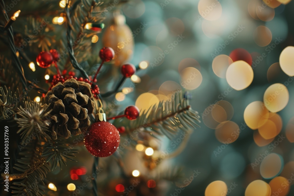 Poster christmas tree with bunch of ornaments, bokeh background with soft, blurred lights, perfect for fest