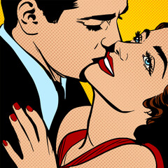 Retro lovers. Man and woman kissing in love, vector illustration of a typical American comic book page with rays and halftones