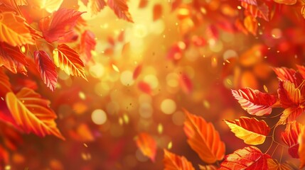 Vibrant autumn foliage  close up of red, orange, and yellow maple leaves on soft golden background