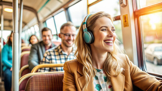 travel, vacation, technology and people concept - smiling young woman in headphones riding in bus
