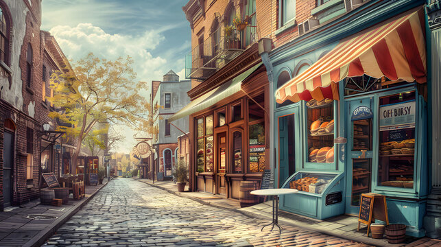 Charming bakery on cobblestone street with outdoor seating, bikes, and colorful flowers in bloom.