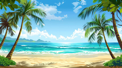 A serene beach scene with palm trees, crystal-clear water, and a bright sky, perfect for relaxation and tropical vibes.