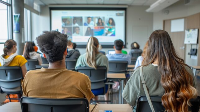 Students seated in a classroom facing a large screen presentation - education - training - seminar