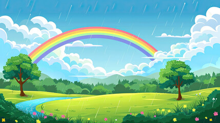 A vibrant landscape featuring a rainbow arching over a lush green field with trees and blooming flowers under a clear sky.