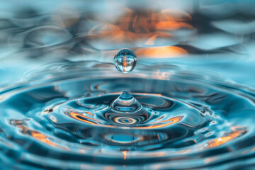 A single water drop creates circular ripples in the water reflecting light and creating a beautiful abstract pattern