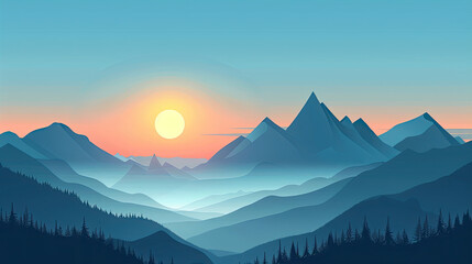 Naklejka premium Serene mountain landscape at sunrise, showcasing vibrant colors and misty valleys that evoke tranquility and natural beauty.