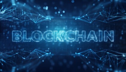 Text "Blockchain" with neon background.
