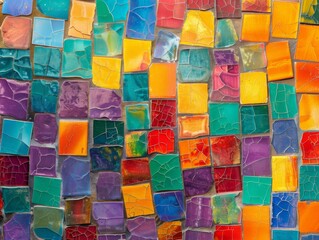 A vibrant mosaic wall with colorful square tiles arranged in a checkered pattern.