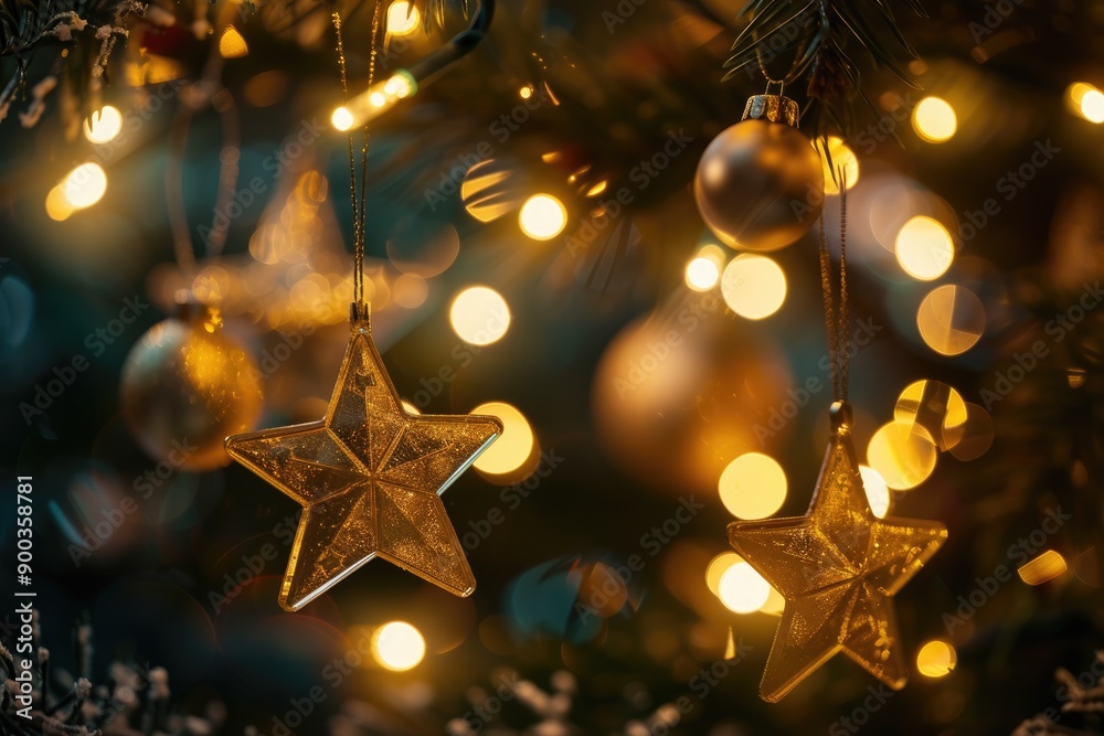 Poster bunch of stars hanging from tree, bokeh background with twinkling stars, ideal for magical setting