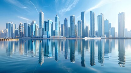 Fototapeta premium Modern city skyscrapers reflecting in water on a clear day, realistic urban landscape photo