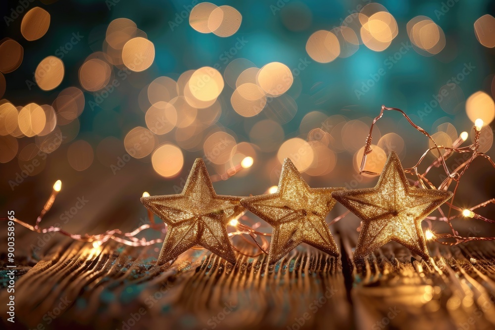 Poster bunch of stars hanging from tree, bokeh background with twinkling stars, ideal for magical setting