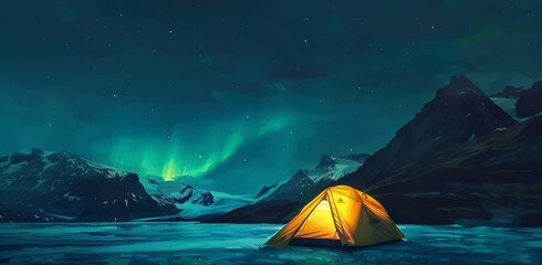 A tent in the night along with mountain views mountains and aurora hd photos in the style of dark yellow and cyan energyfilled illustrations bright backgrounds national geographic photo