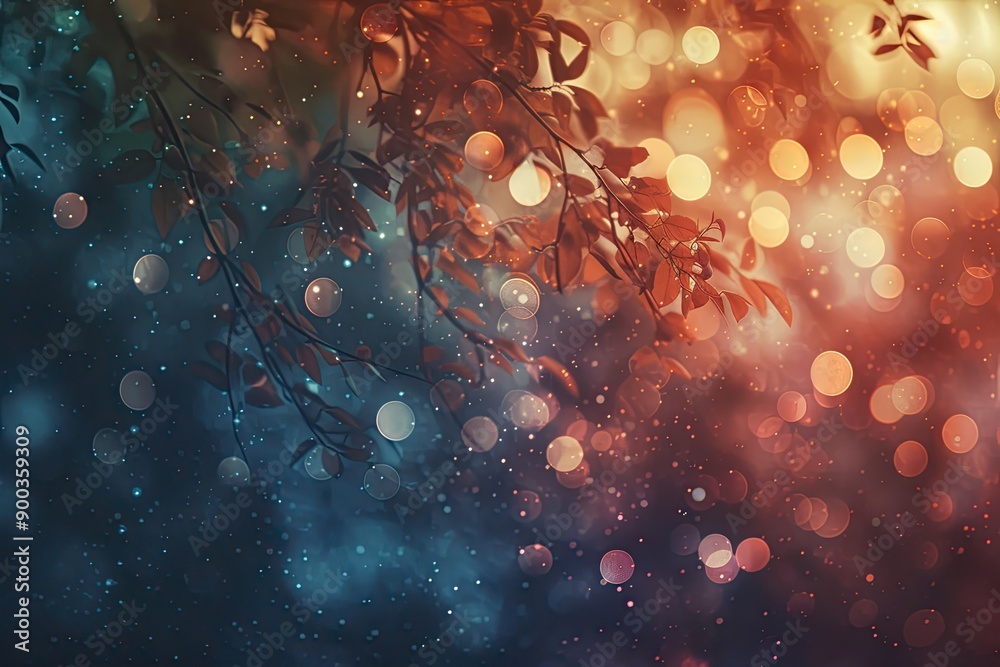 Poster blurry image of dark background with orange and blue lights, bokeh effect overlay with varying intensities and densities for versatile use