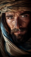 Fototapeta premium Intense Gaze of a Bearded Man in Traditional Headscarf