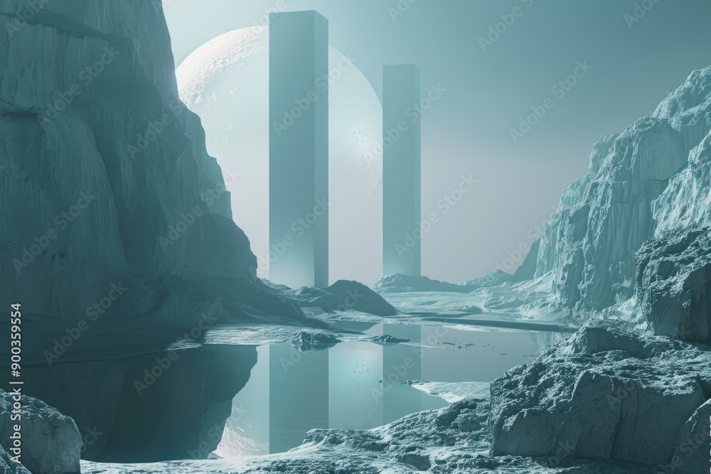 Poster A serene view of a mountain range with a calm lake in the foreground, suitable for use as a background or for nature-inspired designs