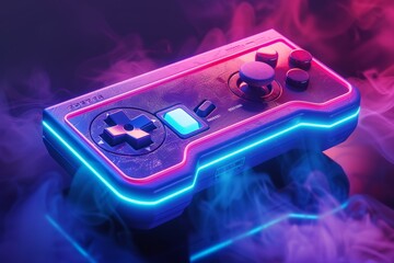 game controller with glowing background, bold, dynamic design inspired by 1980s video game console graphics and neon colors