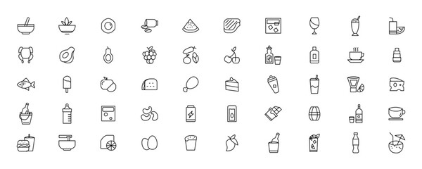 Food and drink icon collection set. Thin outline icons. Meat, milk, noodle, soup, bread, egg, cake, sweets, fruits, vegetables, drinks, nutrition, pizza, fish, sauce, cheese icon