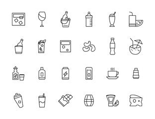 Food and drink icon collection set. Thin outline icons. Meat, milk, noodle, soup, bread, egg, cake, sweets, fruits, vegetables, drinks, nutrition, pizza, fish, sauce, cheese icon