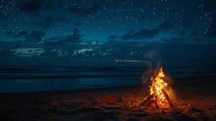 An atmospheric shot of a beach bonfire party with flames dancing against a backdrop of starry skies and crashing waves soft flickering lighting creates a cozy and intimate atmosphere perfect for roast