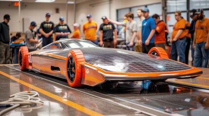 Team of Engineers Working on Solar-Powered Vehicle Prototype at Sunset