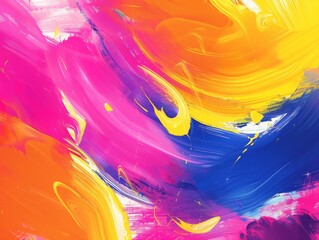 Abstract colorful background with vibrant swirls of pink, yellow, blue and orange paint.