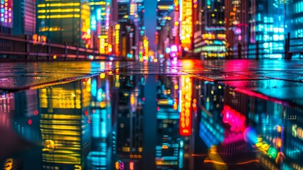 Vibrant urban night  realistic photo of neon cityscape reflected on polished chrome surface