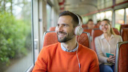 Portrait of a happy young man riding a train and listening to music