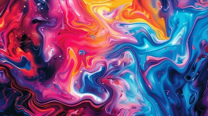 Abstract colorful liquid swirl background with vibrant hues of blue, red, orange and yellow.