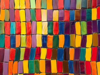 Abstract colorful mosaic pattern, vibrant rectangular shapes in a grid formation. Ideal for modern, graphic design.
