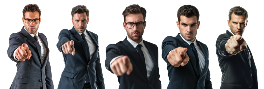 Pack of American businessman pointing forward showing "We want you" set over transparent background