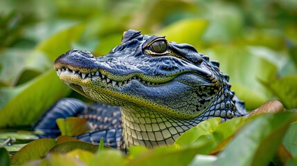 Obraz premium Alligator floating in pond, looking through water plants towards viewer. Photo shows gator from nose to tail