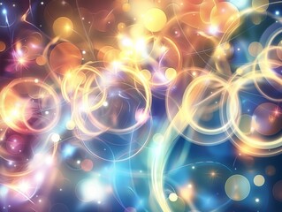 Abstract colorful swirling lights and glowing orbs on a dark background.