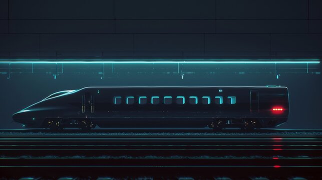 Cinematic studio ortogonal side view shot of an amtrak train all in black at night on the rails subtle light side view product design style