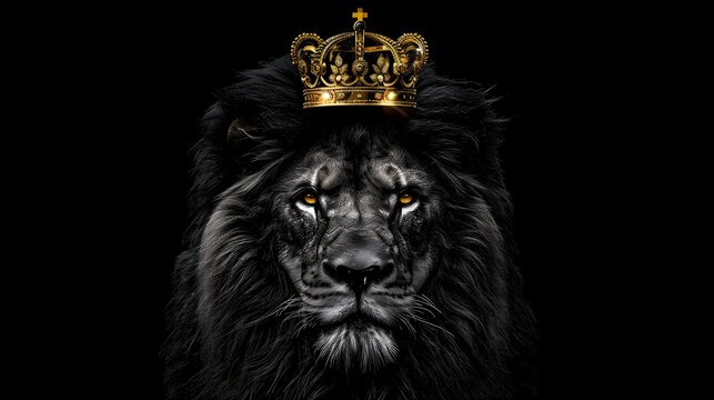 Majestic lion king wearing golden crown on dark background
