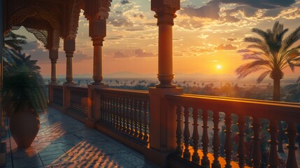 Sunset vista from contemporary arabian palace balcony in desert oasis, majestic landscape