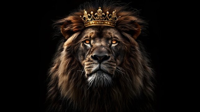 Majestic lion king wearing golden crown