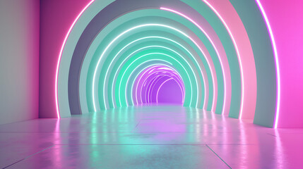 White room with neon green and pink lines forming sophisticated circular and elliptical patterns, highlighted by ultraviolet light, suitable for platform presentation mockup.
