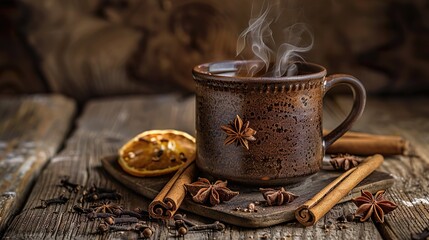 Steaming mug of tea with spices in rustic setting